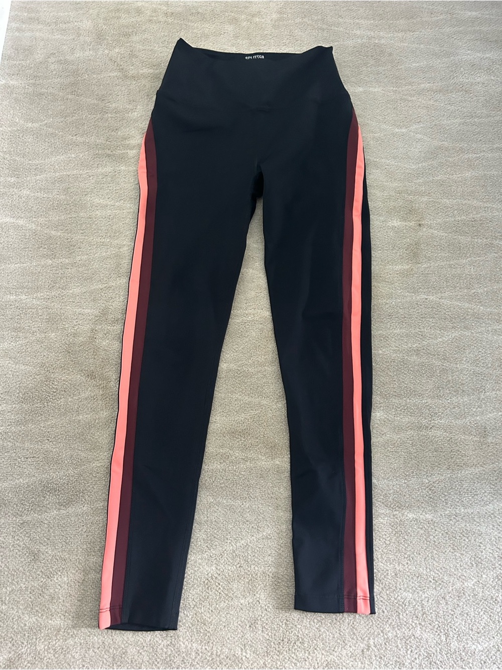 Splits59 Black Leggings with Dual Coral and Burgundy Side Stripes